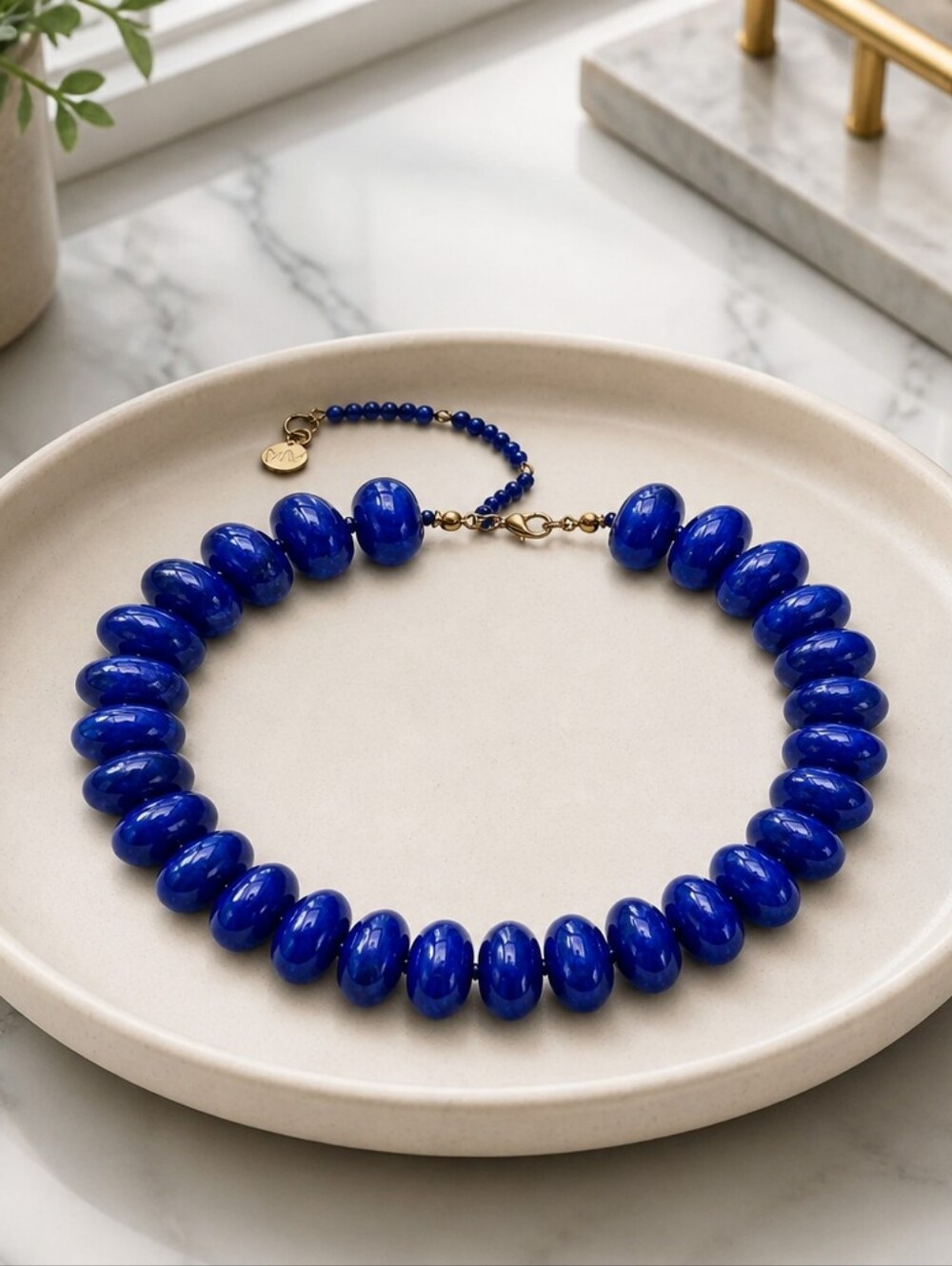 Mayamar Lapis Lazuli Bead and Resin Oval Pebble Necklace & Gift Bag - Picture 2 of 5